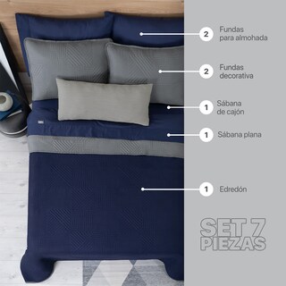 Foto 2 | Foto 2 | Set De Edredón Ligero Con Fundas De Almohada Y Set De Sábanas, Real Textil King Size Azul Marino - Gris Doble Vista