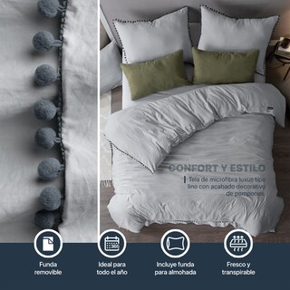 Foto 3 | Foto 3 | Funda de Duvet con Pompones Sin Relleno + Fundas de Almohada Esquimal Matrimonial XL Gris Claro