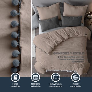 Foto 3 | Foto 3 | Funda de Duvet con Pompones Sin Relleno + Fundas de Almohada Esquimal King Size XL Café