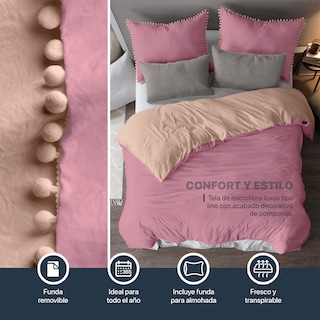 Foto 3 | Foto 3 | Funda de Duvet con Pompones Sin Relleno + Fundas de Almohada Esquimal Matrimonial XL Rosa / Durazno Doble Vista