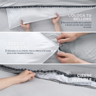 Foto 6 | Foto 6 | Funda de Duvet con Pompones Sin Relleno + Fundas de Almohada Esquimal King Size XL Gris Claro