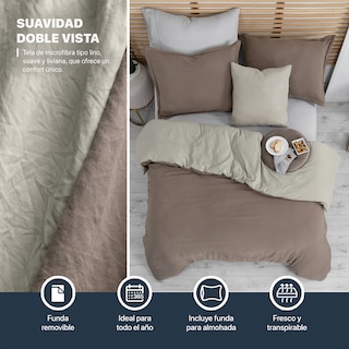 Foto 3 | Foto 3 | Funda de Duvet Sin Relleno + Funda de Almohada Esquimal Individual Café y Beige Tipo Lino Doble Vista