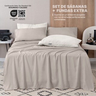 Foto 2 | Foto 2 | Juego De Sábanas De Microfibra Esquimal Khaki-marfil Queen Size + 4 Fundas De Almohada