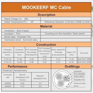 Foto 6 | Foto 6 | Cable Mc Mookeerf 14/2 Con Tierra, Cobre Puro De 75 Pies, 14 Awg/2 - Venta Internacional.