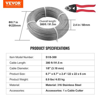 Foto 7 | Foto 7 | Cable De Acero Vevor T316 De 1/8 Pulgadas, 300 Pies Con Kit De Corte De 1380 Libras - Venta Internacional.