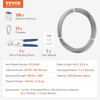 Foto 7 | Foto 7 | Kit De Cables De Acero Inoxidable Vevor 304 De 66 Pies Con Herramienta De Engarzado - Venta Internacional.