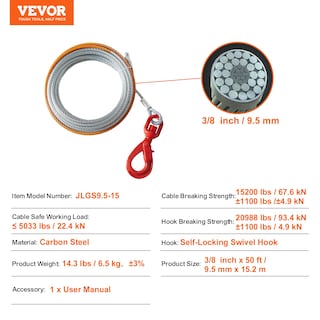 Foto 7 | Foto 7 | Cable De Cabrestante Vevor De Acero Galvanizado, 9,5 Mm X 15 M, 6.895 Kg - Venta Internacional.