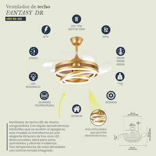 Foto 7 | Foto 7 | Ventilador de Techo LED Fantasy Dorado 72W con Aros Direccionables y Aspas Plegables marca Mil Luces