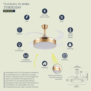 Foto 7 | Foto 7 | Ventilador de Techo LED Tornado Dorado 72W Aspas Retráctiles y Control Remoto marca Mil Luces