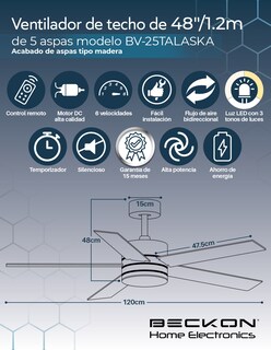 Foto 2 | Foto 2 | Ventilador de Techo Moderno 1.2m 6 Velocidades 5 Aspas