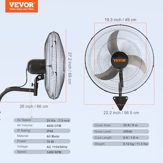 Foto 7 | Foto 7 | Ventilador De Pared Vevor De 20 Pulgadas, Oscilante, 3 Velocidades, 4650 Cfm - Venta Internacional.
