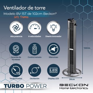 Foto 3 | Foto 3 | Ventilador de Torre Beckon Turbo Power 6 Vel 102 cm de Alto + Control Remoto + Oscilación + Modos de Uso + Temporizador