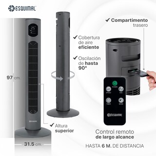 Foto 7 | Foto 7 | Ventilador de Torre 97 cm Esquimal Silencioso Pantalla Led Oscilante 90° 3 Velocidades Temporizador 12 Hrs