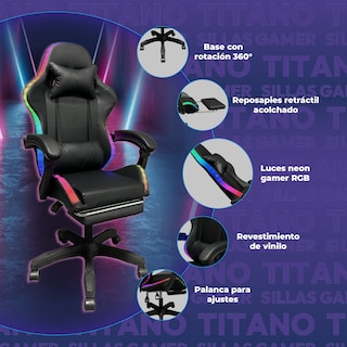 Foto 2 | Foto 2 | Silla Gamer Titano con Reposapiés y Luz Led Negra