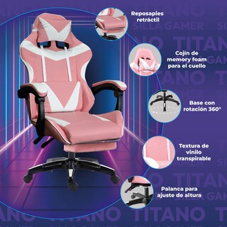 Foto 2 | Foto 2 | Silla Gamer Ergonómica Titano Reclinable con Descansa Pies Rosa