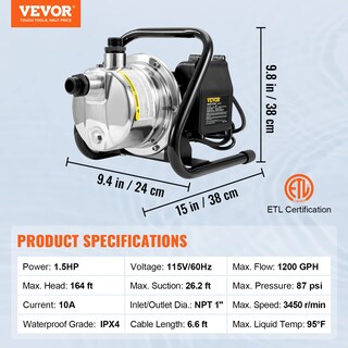 Foto 7 | Foto 7 | Bomba Portátil Para Pozos Poco Profundos Vevor 1.5 Hp 1200 Gph 115v - Venta Internacional.
