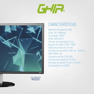 Foto 8 | Foto 8 | Monitor Ghia Mnlg-23 Led 19.5 Pulgadas 1366x768 Vga/hdmi color Negro