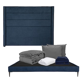 Foto 1 | Foto 1 | Cabecera Lugo Azul Matrimonial + Base Slim + Almohada 2pack + Protector Cloud + Sabanas Softy + Edredon Homy