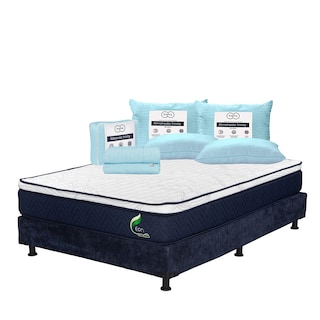 Foto 1 | Foto 1 | Colchón Restonic Eon + Box Dicasa Azul Matrimonial + 2 Almohadas Trinity + Sábanas Trinity