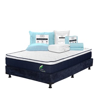 Foto 1 | Foto 1 | Colchón Restonic Eon + Box Dicasa Azul Matrimonial + Almohada Trinity + Protector Trinity + Sábanas Trinity