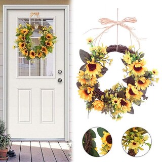 Foto 2 | Foto 2 | Corona Decorativa Para Puerta De Entrada Con Forma De Girasol, Hojas Verdes, 35 Cm - Venta Internacional.