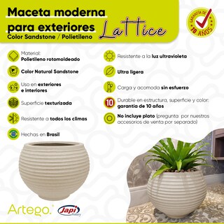 Foto 5 | Foto 5 | Maceta Moderna Para Exteriores 24 Cm De Alto X 34 Cm De Ancho Lattice Color Arena Sandstone De Polietileno Ultra Ligera Artego