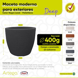 Foto 3 | Foto 3 | Maceta Moderna Para Exteriores Compacta De 20 Cm De Alto Deep Color Negro Lead De Polietileno Ultra Ligera Artego