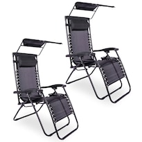 Set de 2 Sillas Camastro Plegable Elly Decor Gravedad Cero Reclinable con Sombrilla Negro para Jardín Playa y Exterior