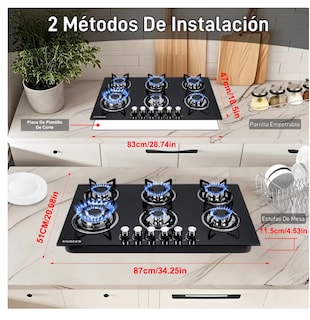 Foto 3 | Foto 3 | Parrilla de Gas Empotrable 6 Quemadores Cristal Templado Negro