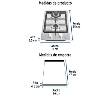 Foto 3 | Foto 3 | Parrilla de Gas Empotrable 30 cm 2 Quemadores Acero Inoxidable