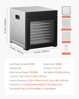 Foto 7 | Foto 7 | Deshidratador De Alimentos Vevor 10 Bandejas De Acero Inoxidable 1000w 24h Tim - Venta Internacional.