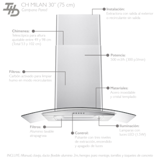 Foto 3 | Foto 3 | Campana Pared Ihd Ch Milan 75 Cm Purificadora Acero Inox Y Cristal