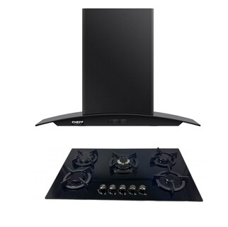 Foto 1 | Foto 1 | Combo Cheff Gold Campana Purificadora de Pared y Parrilla 5 Quemadores en Cristal Negro 90 cm