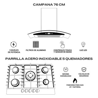 Foto 2 | Foto 2 | Fline Combo Parrilla De Gas Y Campana Acero Inoxidable 76 Cm 4 Quemadores Cristal Curvo Controles Touch MA5TR76