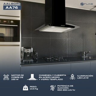 Foto 4 | Foto 4 | Campana De Cocina 76 Cm Negro Matte De Pared Cristal Curvo Controles De Boton Extractora 3 Velocidades Aalborg 76