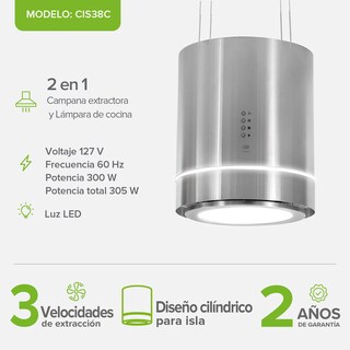 Foto 3 | Foto 3 | Campana De Cocina De Isla Cilíndrica 38 Cm Acero Inoxidable Y Lámpara Decorativa