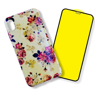 Foto 1 | Foto 1 | Kit Triche color Blanco para iPhone X / XS Case Flores + Cristal 9D