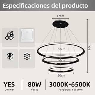 Foto 5 | Foto 5 | Lámpara De Techo Led Colgante Iluminación Moderna Regulable Negra