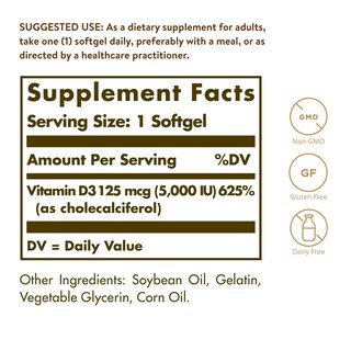 Foto 3 | Foto 3 | Suplemento Solgar De Vitamina D3 125 Mcg (5000 Ui) 100 Cápsulas Blandas