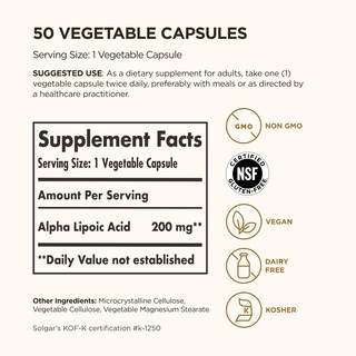 Foto 2 | Foto 2 | Suplemento De Ácido Alfa Lipoico Solgar 200 Mg 50 Cápsulas