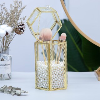 Foto 1 | Foto 1 | Soporte De Cristal Para Brochas De Maquillaje Vintage Con Tapa Dorada - Venta Internacional.