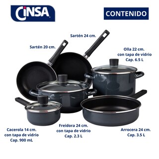 Foto 6 | Foto 6 | Batería De Cocina Cinsa Mega Óptima De Acero Vitrificado Negro Con Antiadherente 9 Piezas