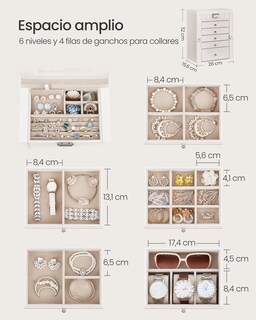 Foto 3 | Foto 3 | Caja Para Joyas De 6 Niveles Caja Joyero Con 5cajones Almacenaje De Joyas Interior Con Espejo Cerradura