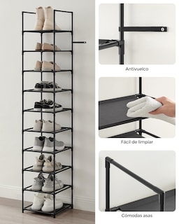 Foto 6 | Foto 6 | Zapatero Organizador Zapatos 10 Baldas Marco De Metal Estantes De Tela No Tejida Para Pasillo Dormitorio Negro