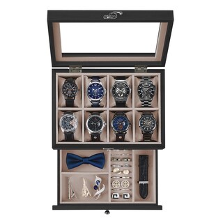 Foto 1 | Foto 1 | Caja De Relojes Con 8 Ranuras Estuche De Relojes De Madera De 2 Niveles Con Tapa De Cristal Negro Ébano