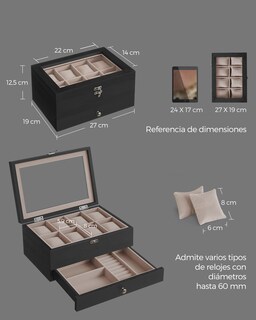 Foto 3 | Foto 3 | Caja De Relojes Con 8 Ranuras Estuche De Relojes De Madera De 2 Niveles Con Tapa De Cristal Negro Ébano