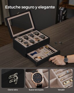 Foto 4 | Foto 4 | Caja De Relojes Con 8 Ranuras Estuche De Relojes De Madera De 2 Niveles Con Tapa De Cristal Negro Ébano