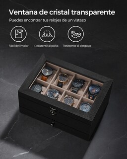 Foto 6 | Foto 6 | Caja De Relojes Con 8 Ranuras Estuche De Relojes De Madera De 2 Niveles Con Tapa De Cristal Negro Ébano