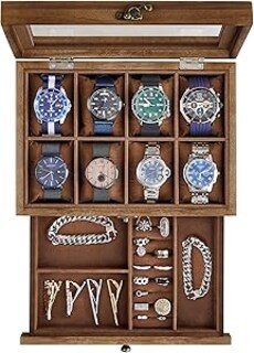 Foto 1 | Foto 1 | Caja De Relojes Con 8 Ranuras Estuche De Relojes De Madera De 2 Niveles Con Tapa De Cristal Nogal Rústico