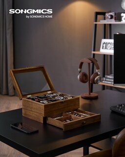 Foto 2 | Foto 2 | Caja De Relojes Con 8 Ranuras Estuche De Relojes De Madera De 2 Niveles Con Tapa De Cristal Nogal Rústico